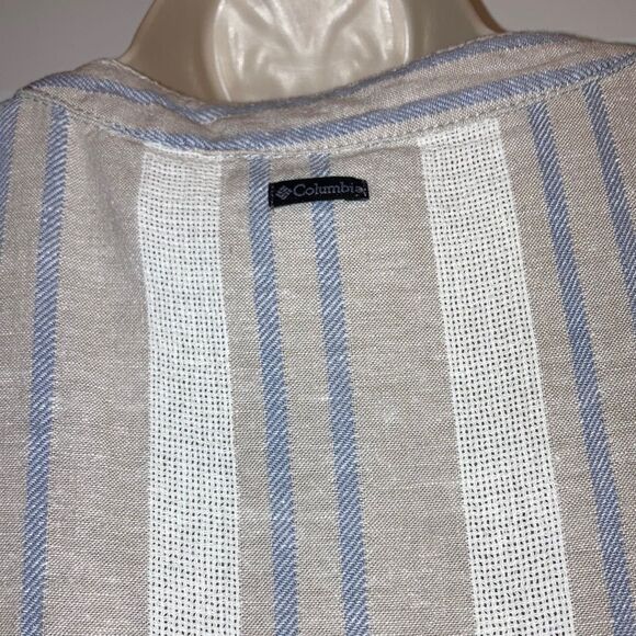 COLUMBIA Linen Coverup Beige Blue White Striped Hemp Cotton Dress Womens XS - Picture 6 of 10